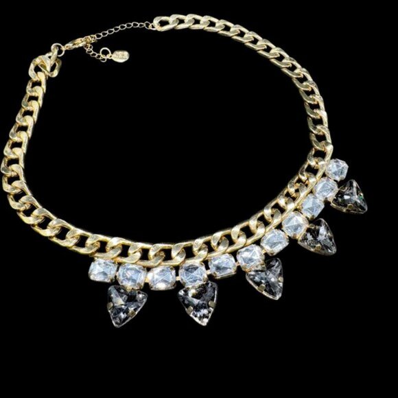 Statement Gold Tone Necklace Links Chain  Clear and Smokey Grey Glass Stones - Picture 2 of 5